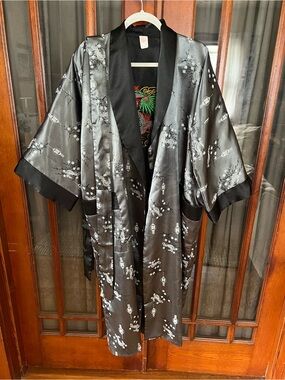 Silky Black Floral Kimono Robe with Dragon Satin Trim Reversible